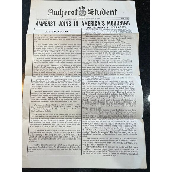 Vtg Amherst College The Amherst Student Newspaper November 23, 1963 VOL. XCIII - Picture 2 of 7